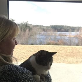Owner Jean Pasqualucci with cat looking out large glass window at cranberry bogs